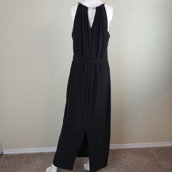 Emma & Michele Women's Halter Maxi Dress Size 14 Black Gold Chain Faux Wrap - Picture 6 of 11